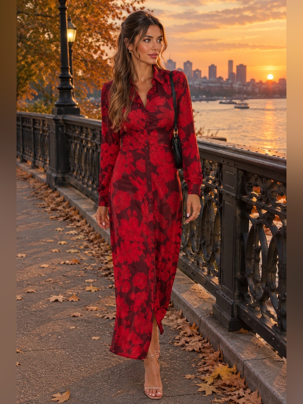 CAbi Red Floral Long-Sleeve Button-Front Dress